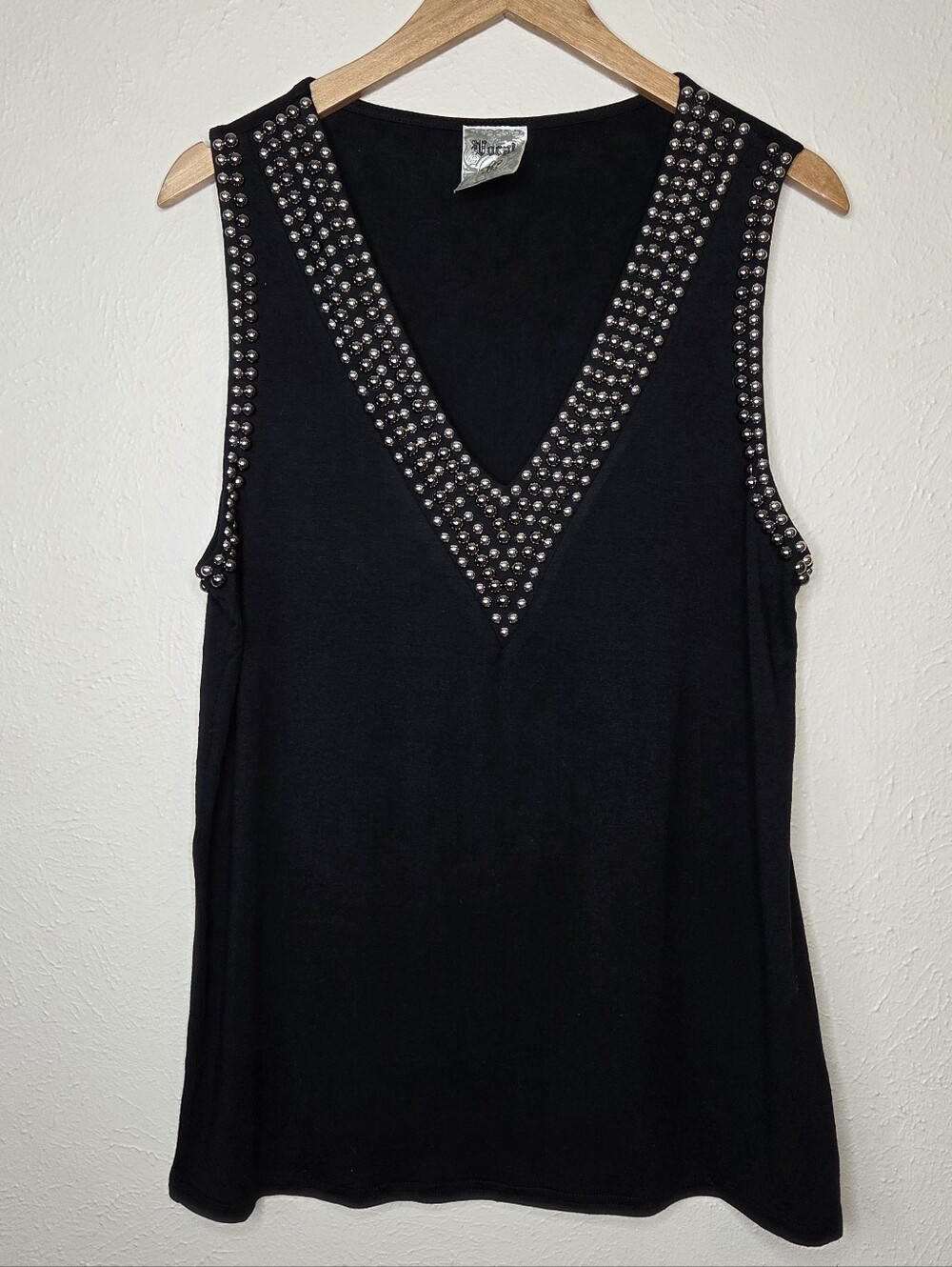 Vocal Studded V-Neck Tank Top Black XL Glam Stretch Sleeveless Biker Rockstar